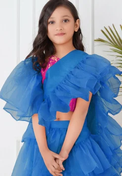 Pre-Stitched Organza Tiered Saree in Royal Blue