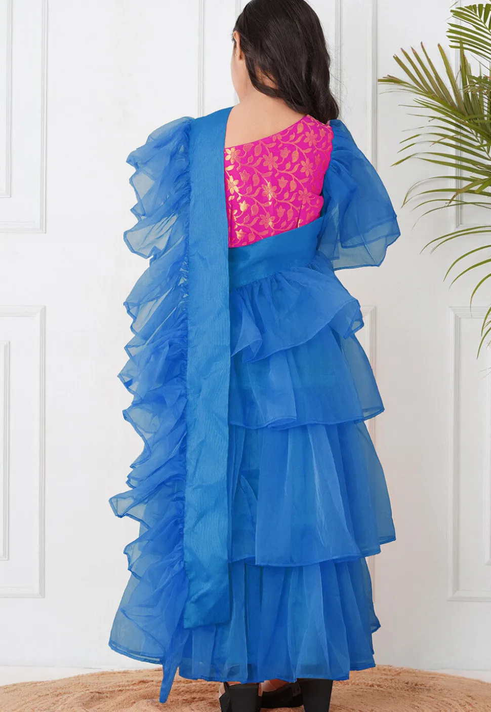 Pre-Stitched Organza Tiered Saree in Royal Blue