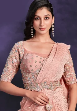 Pre-stitched Polyester Saree in Peach