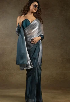 Pre-stitched Satin Chiffon Shimmer Saree in Shaded Grey and Blue