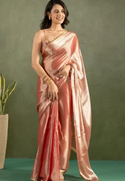 Pre-stitched Satin Chiffon Saree in Peach
