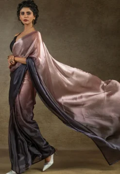 Pre-stitched Satin Chiffon Shimmer Saree in Shaded Peach and Black
