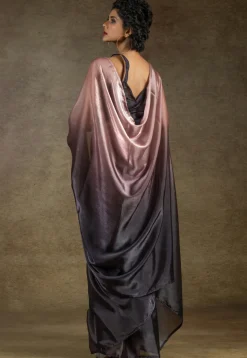 Pre-stitched Satin Chiffon Shimmer Saree in Shaded Peach and Black
