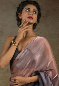 Pre-stitched Satin Chiffon Shimmer Saree in Shaded Peach and Black