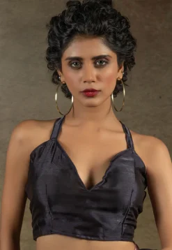 Pre-stitched Satin Chiffon Shimmer Saree in Shaded Peach and Black