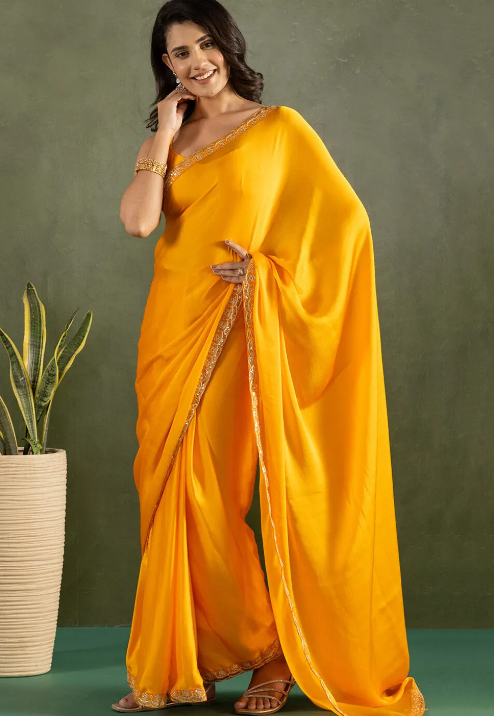 Pre-stitched Satin Chiffon Saree in Yellow