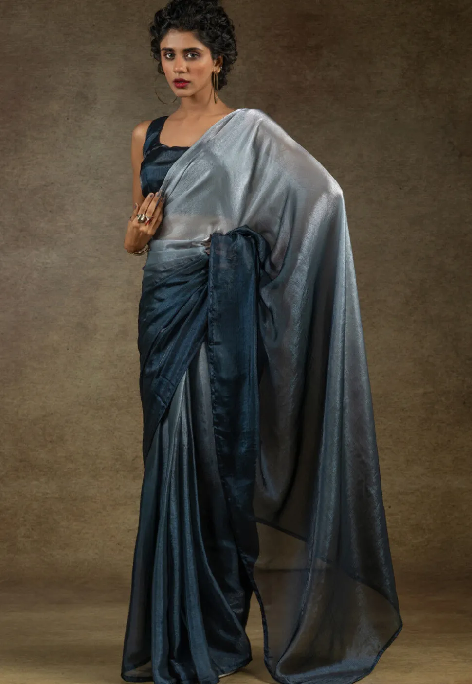 Pre-stitched Satin Chiffon Shimmer Saree in Shaded Grey and Blue