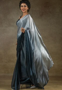 Pre-stitched Satin Chiffon Shimmer Saree in Shaded Grey and Blue