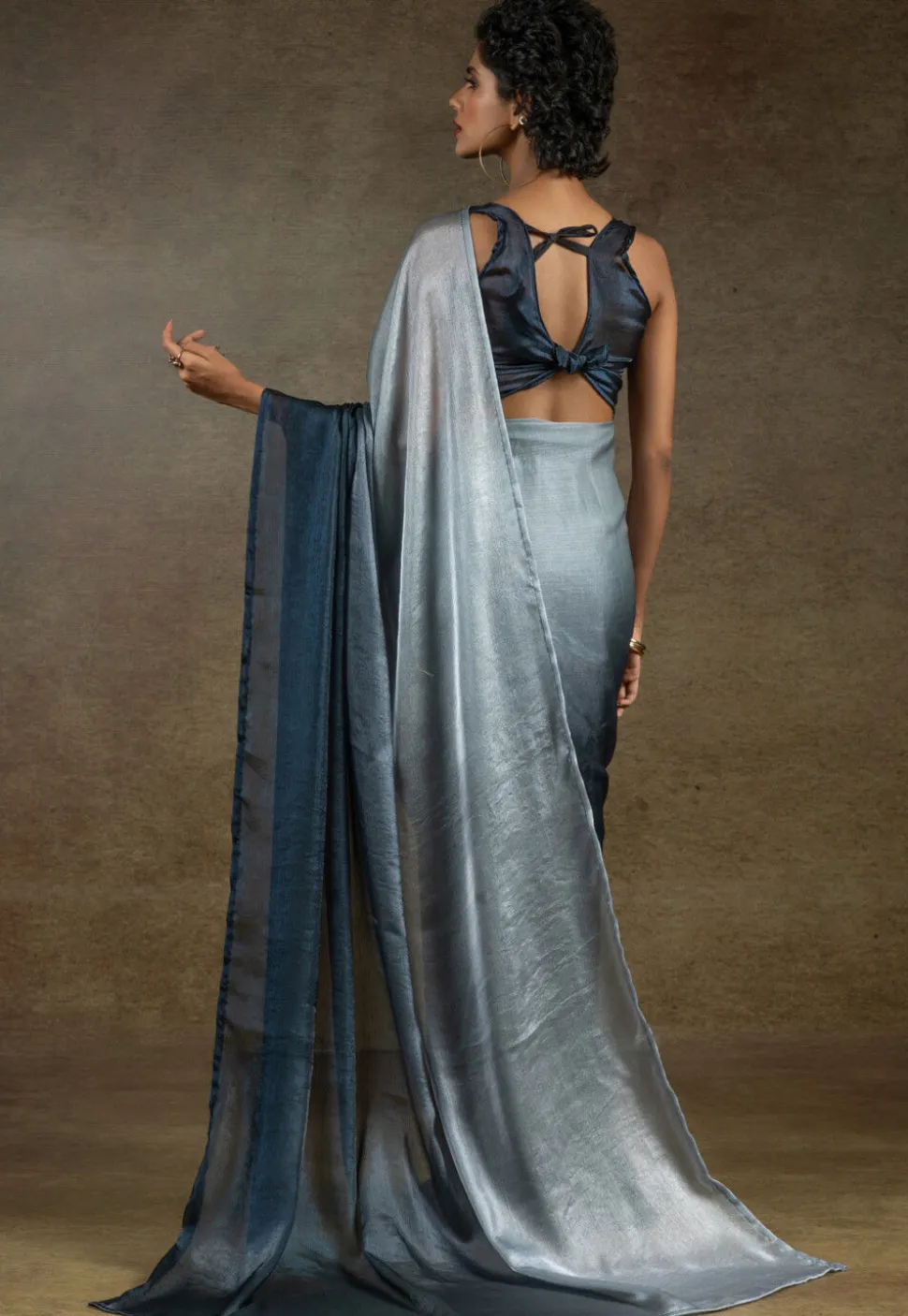 Pre-stitched Satin Chiffon Shimmer Saree in Shaded Grey and Blue