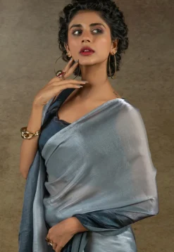 Pre-stitched Satin Chiffon Shimmer Saree in Shaded Grey and Blue