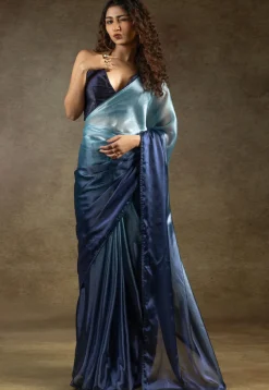 Pre-stitched Satin Chiffon Shimmer Saree in Ombre Blue