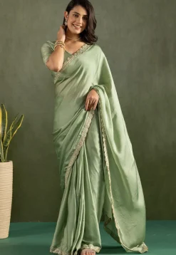 Pre-stitched Satin Chiffon Scalloped Saree in Pastel Green