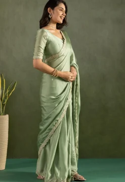 Pre-stitched Satin Chiffon Scalloped Saree in Pastel Green