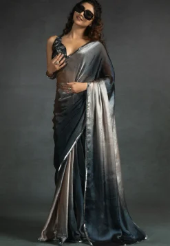 Pre-stitched Satin Chiffon Shimmer Saree in Shaded Light Grey and Blue