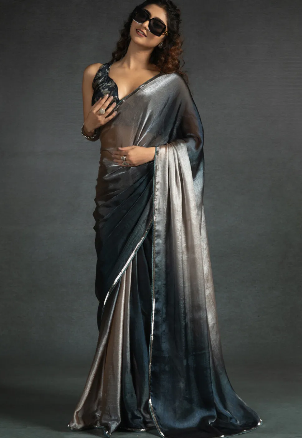 Pre-stitched Satin Chiffon Shimmer Saree in Shaded Light Grey and Blue