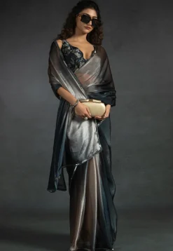 Pre-stitched Satin Chiffon Shimmer Saree in Shaded Light Grey and Blue