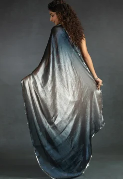 Pre-stitched Satin Chiffon Shimmer Saree in Shaded Light Grey and Blue