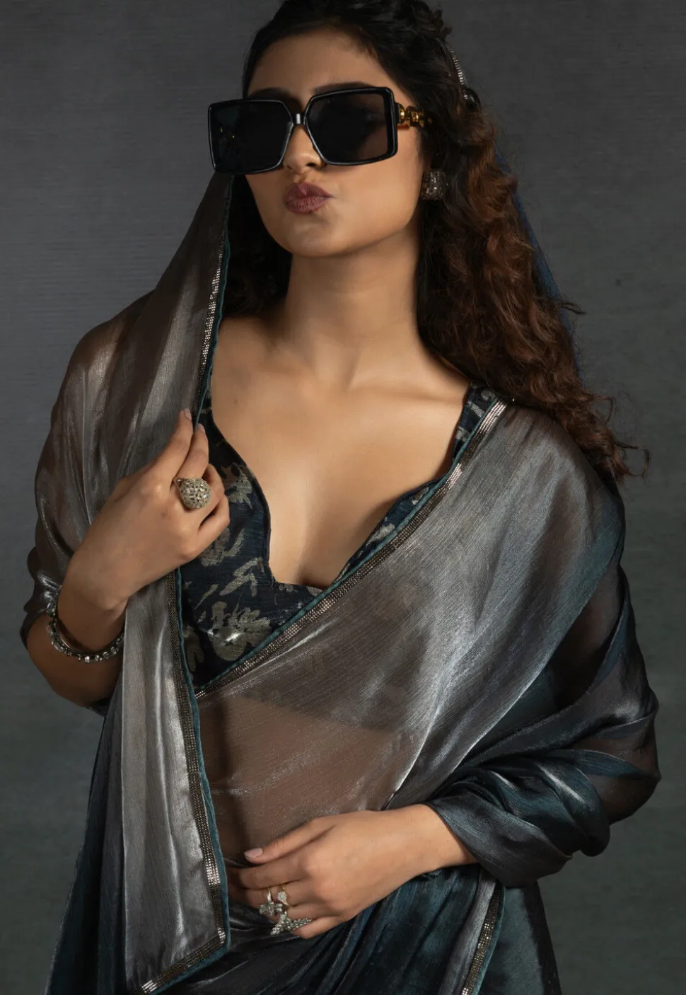 Pre-stitched Satin Chiffon Shimmer Saree in Shaded Light Grey and Blue
