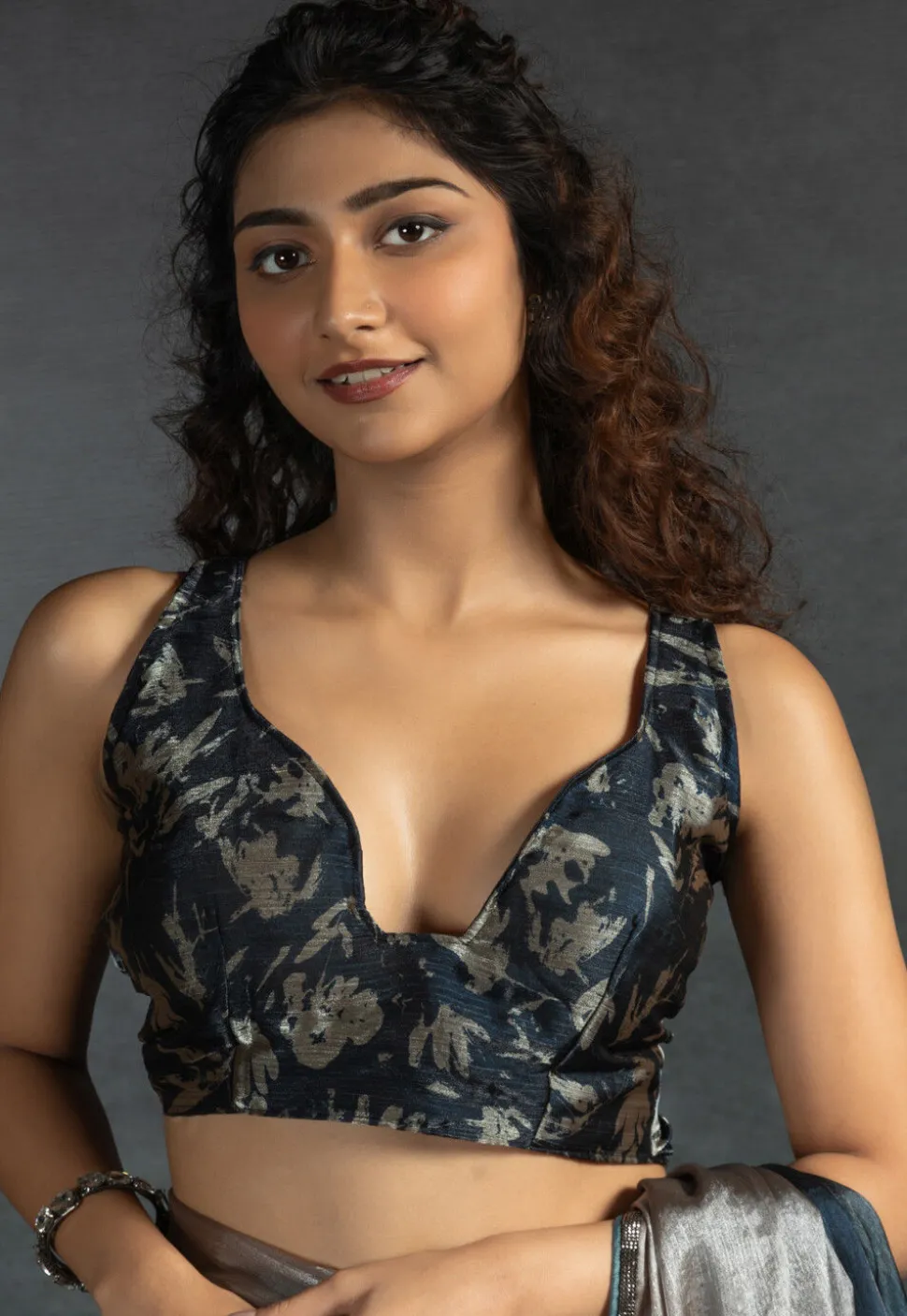 Pre-stitched Satin Chiffon Shimmer Saree in Shaded Light Grey and Blue