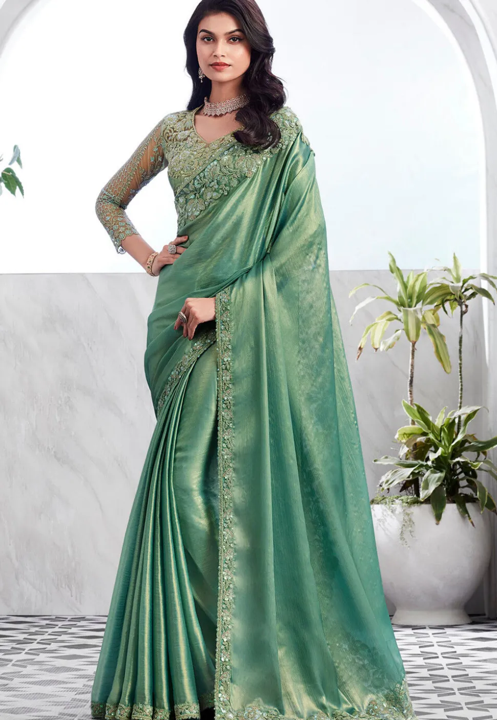 Pre-stitched Satin Chiffon Saree in Teal Green