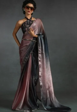 Pre-stitched Satin Chiffon Shimmer Saree in Shaded Peach and Black