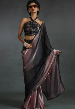 Pre-stitched Satin Chiffon Shimmer Saree in Shaded Peach and Black