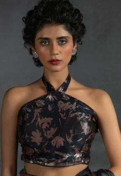 Pre-stitched Satin Chiffon Shimmer Saree in Shaded Peach and Black