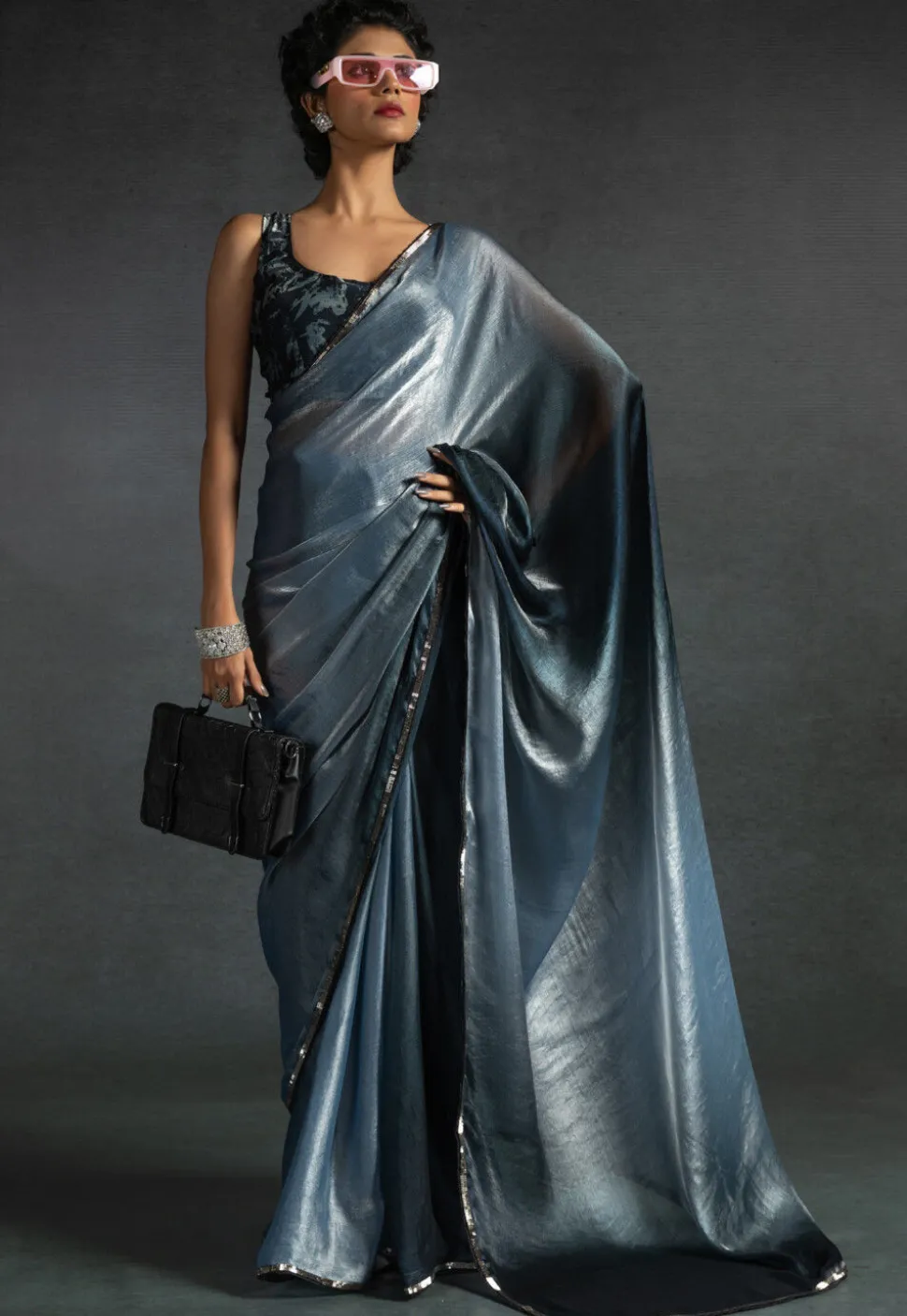 Pre-stitched Satin Chiffon Shimmer Saree in Light Blue
