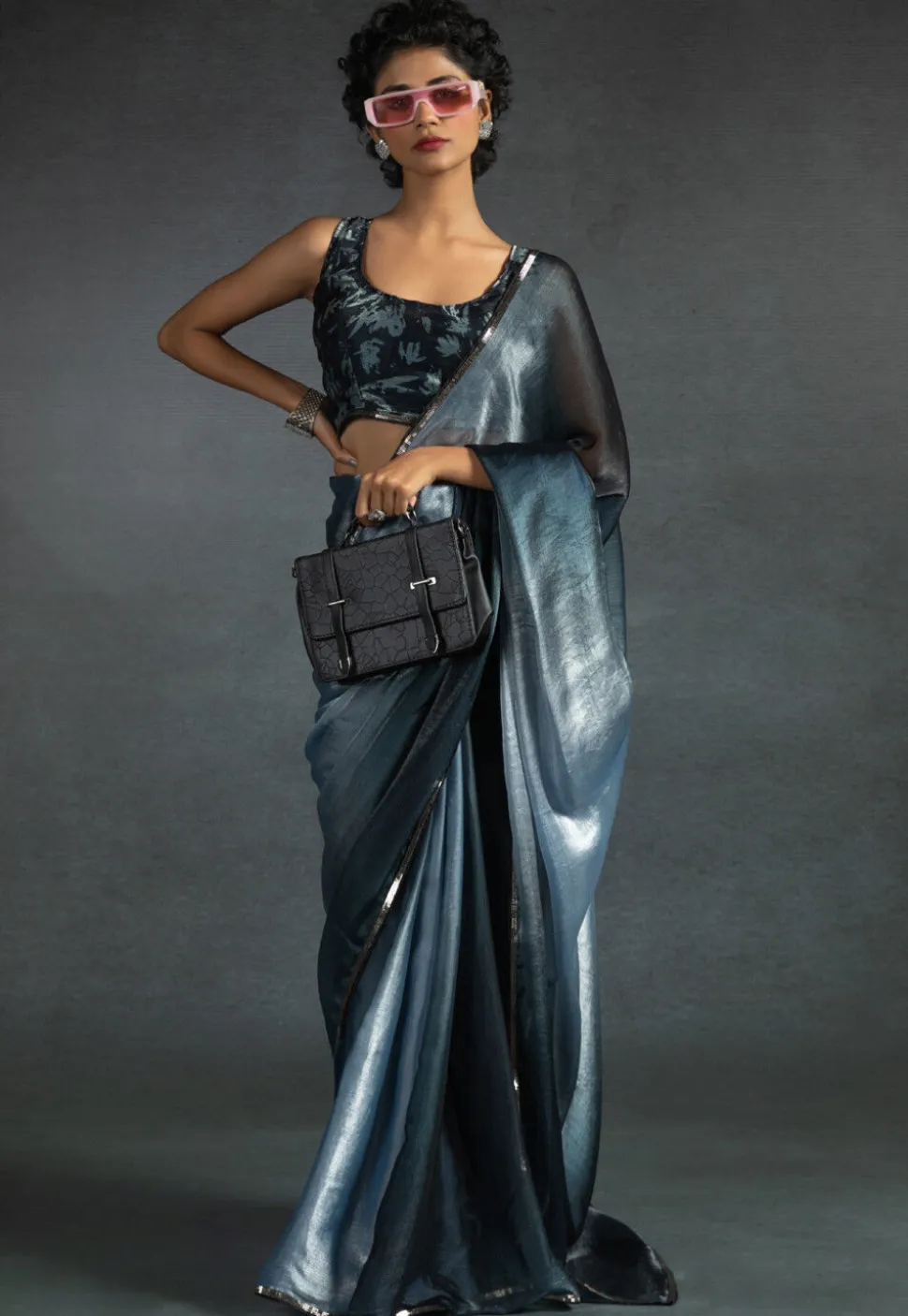 Pre-stitched Satin Chiffon Shimmer Saree in Light Blue