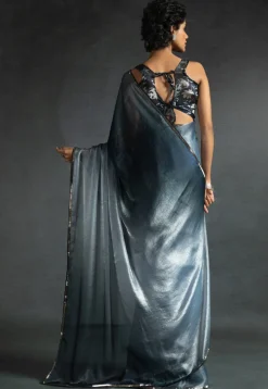 Pre-stitched Satin Chiffon Shimmer Saree in Light Blue