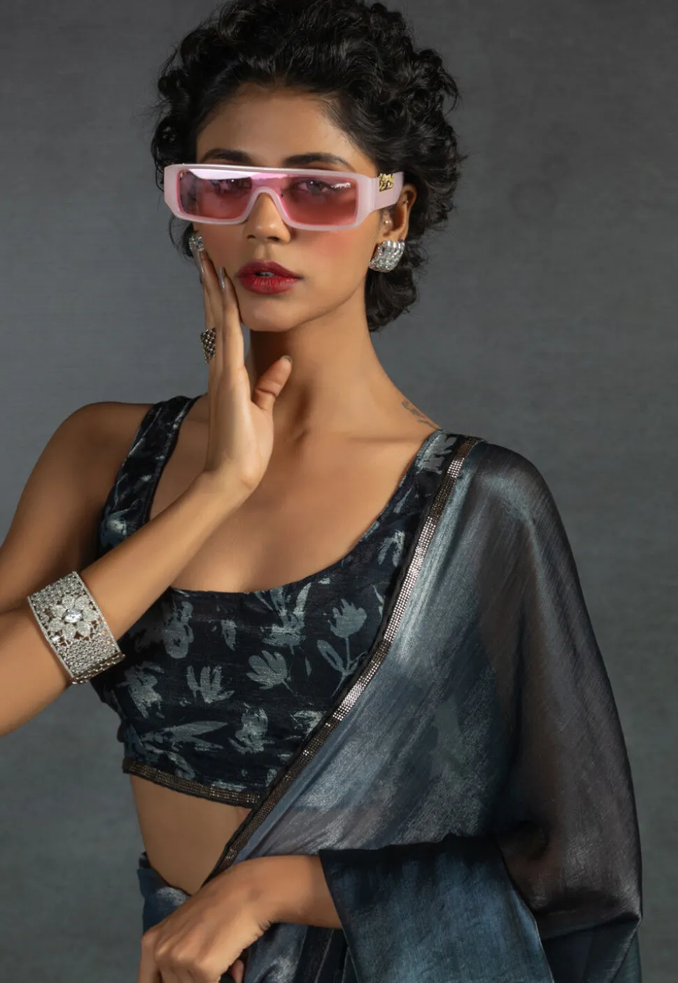 Pre-stitched Satin Chiffon Shimmer Saree in Light Blue