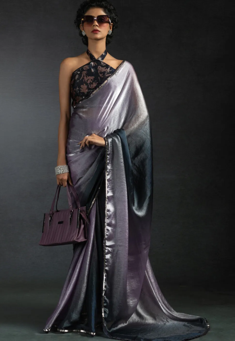 Pre-stitched Satin Chiffon Saree in Shaded Purple and Black