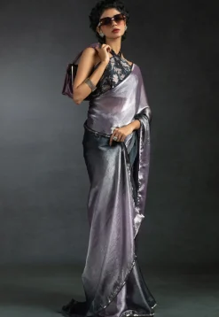 Pre-stitched Satin Chiffon Saree in Shaded Purple and Black
