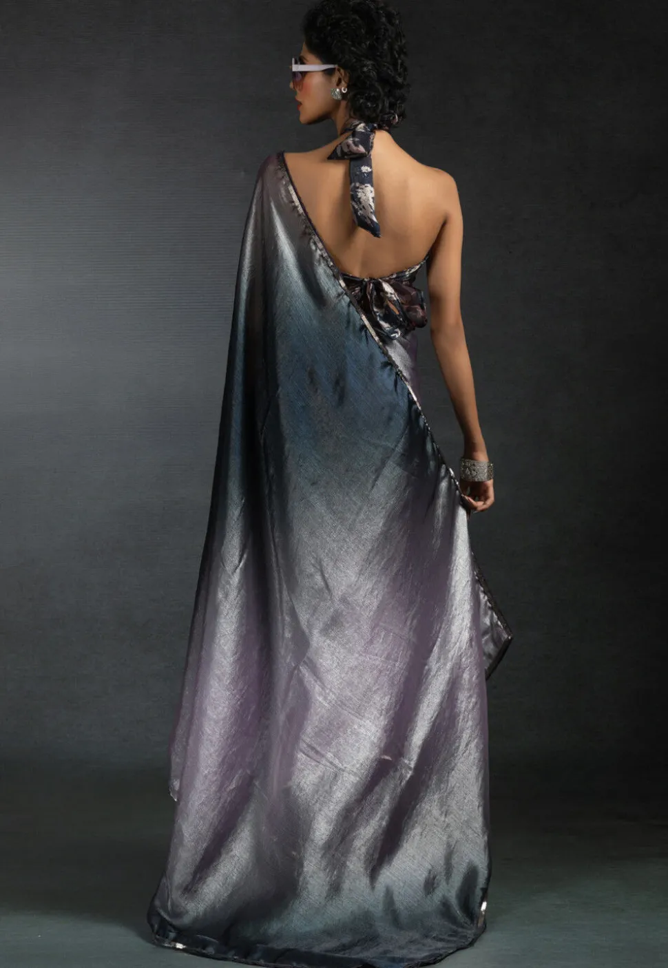 Pre-stitched Satin Chiffon Saree in Shaded Purple and Black