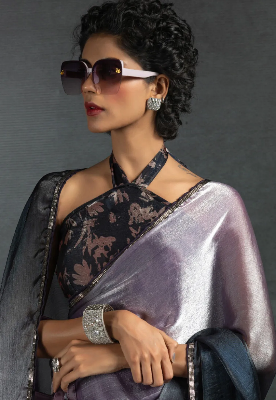 Pre-stitched Satin Chiffon Saree in Shaded Purple and Black