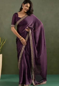 Pre-stitched Satin Chiffon Saree in Purple