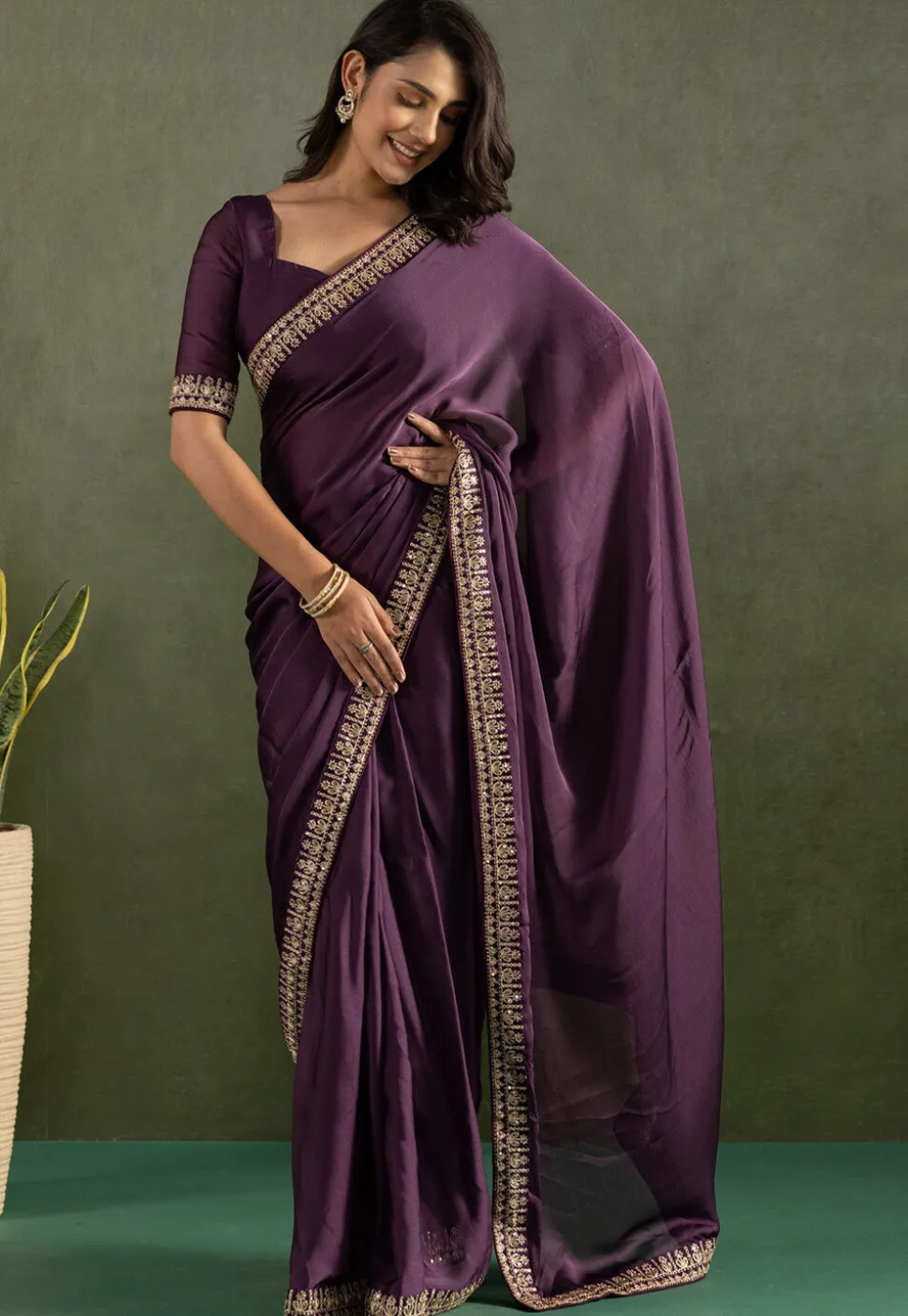 Pre-stitched Satin Chiffon Saree in Purple