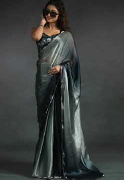 Pre-stitched Satin Chiffon Shimmer Saree in Shaded Light Grey and Blue
