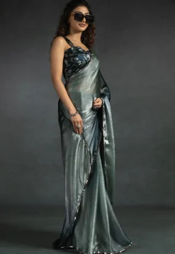 Pre-stitched Satin Chiffon Shimmer Saree in Shaded Light Grey and Blue