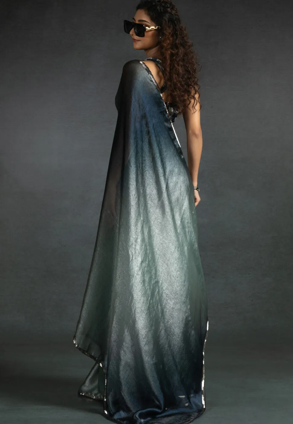 Pre-stitched Satin Chiffon Shimmer Saree in Shaded Light Grey and Blue
