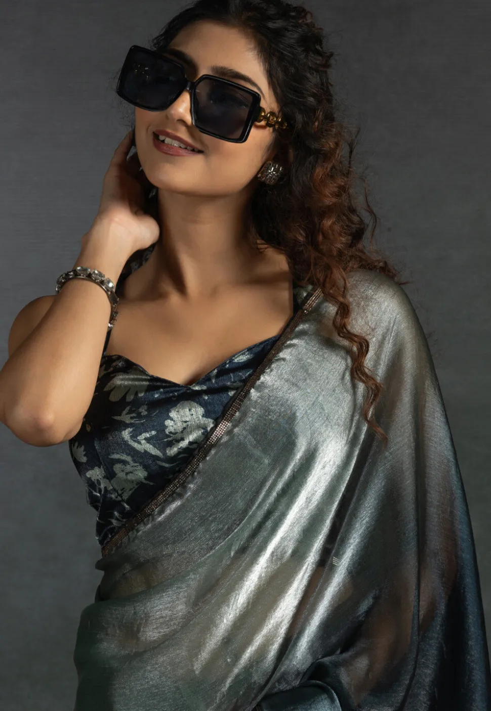 Pre-stitched Satin Chiffon Shimmer Saree in Shaded Light Grey and Blue