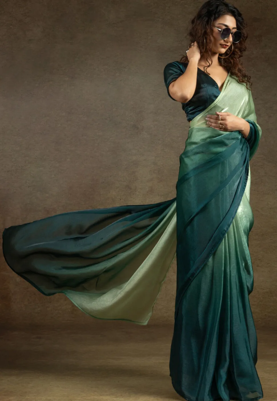 Pre-stitched Satin Chiffon Shimmer Saree in Pastel Green and Teal Blue