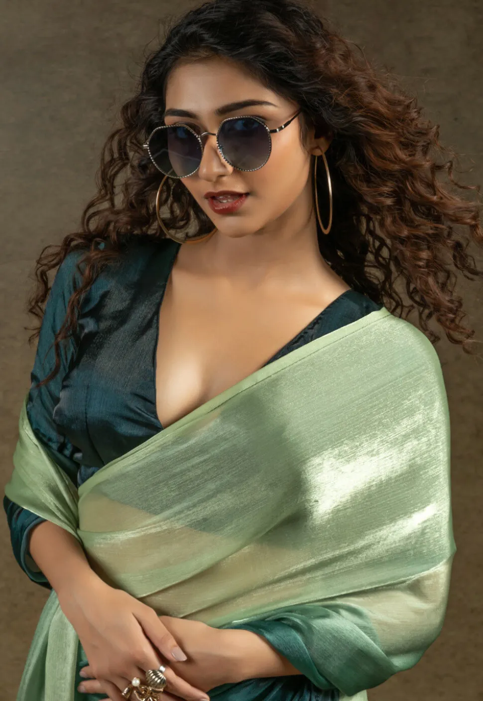 Pre-stitched Satin Chiffon Shimmer Saree in Pastel Green and Teal Blue