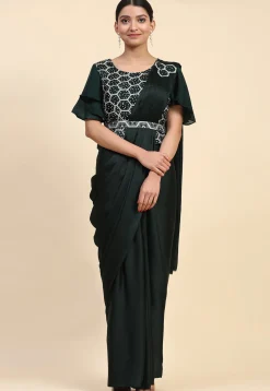 Pre-stitched Satin Georgette Butterfly Pallu Saree in Dark Green