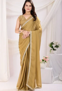 Pre-stitched Satin Georgette Saree in Beige