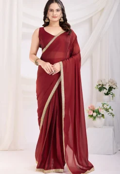 Pre-stitched Satin Georgette Saree in Maroon