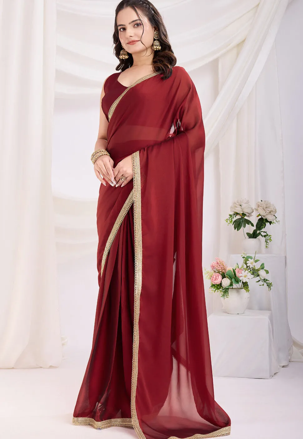 Pre-stitched Satin Georgette Saree in Maroon