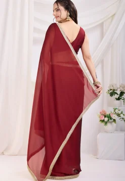Pre-stitched Satin Georgette Saree in Maroon