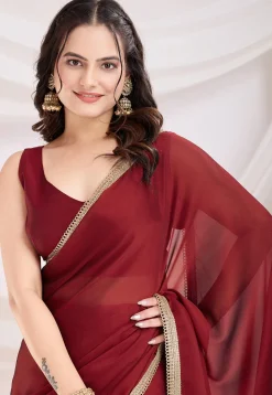 Pre-stitched Satin Georgette Saree in Maroon
