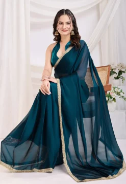 Pre-stitched Satin Georgette Saree in Teal Blue